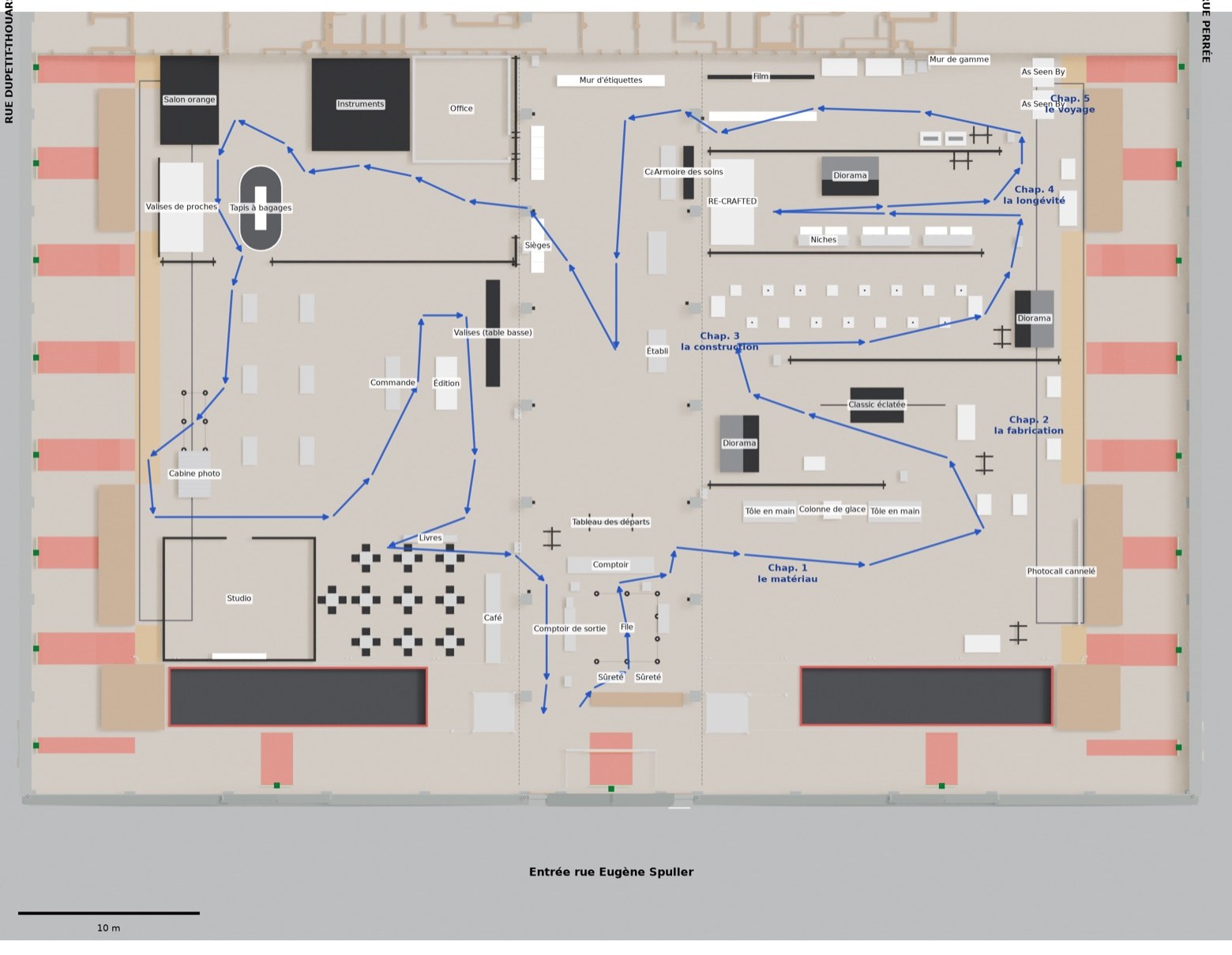 Plan du rez-de-chaussée du Carreau du Temple avec le parcours de l'exposition
