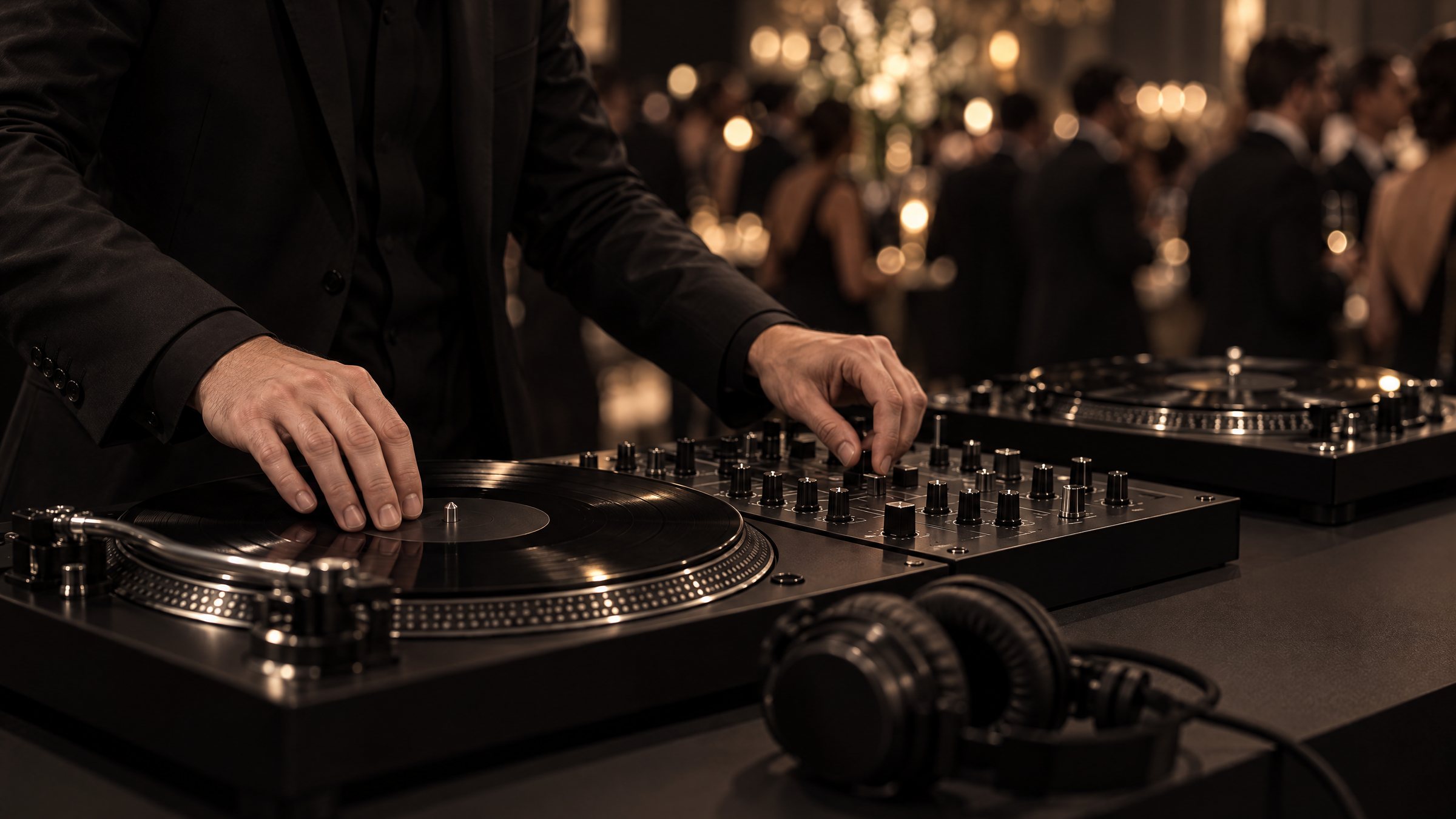 Les platines du DJ, sur un meuble noir.